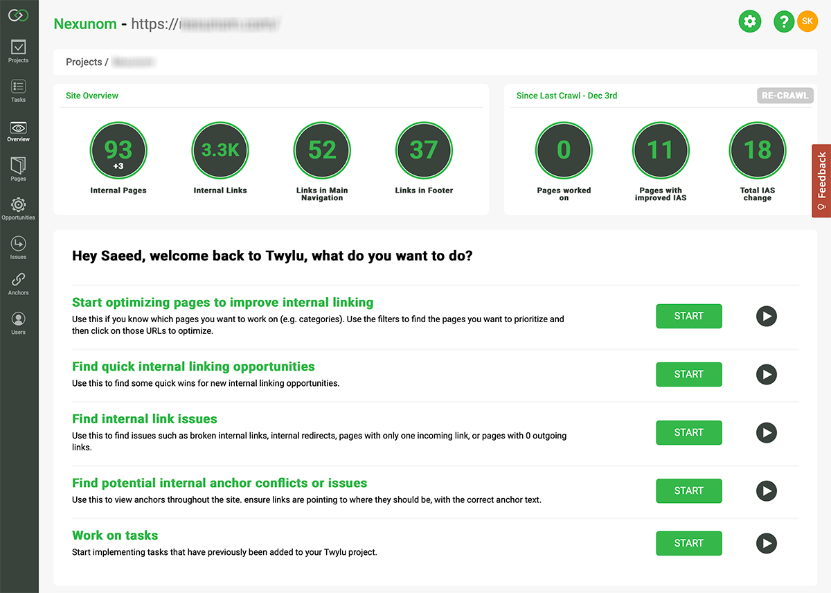 Twylu Project Dashboard - Showing Pages with Improved nternal Authority Score (IAS)