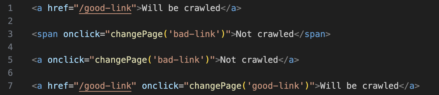 Example of Internal Links that won't be crawled or can't be crawled.