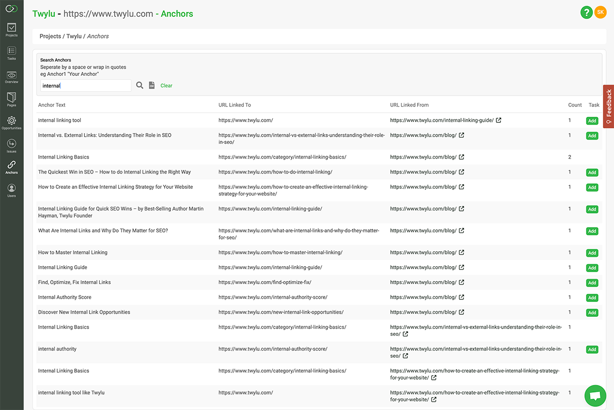 Twylu anchor text search feature